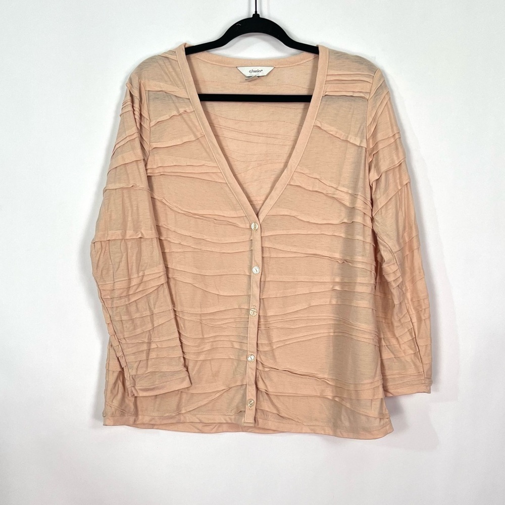 CJ Banks Blush Nude Tiered Ruffle V Neck 3/4 Sleeve Button Front Cardigan Sz X